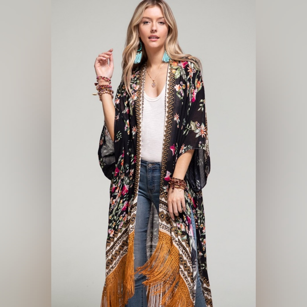 Bohemian Floral Print Kimono / Duster - Fine Golden Fringe Tassels - Side Slits - Picture 5 of 14